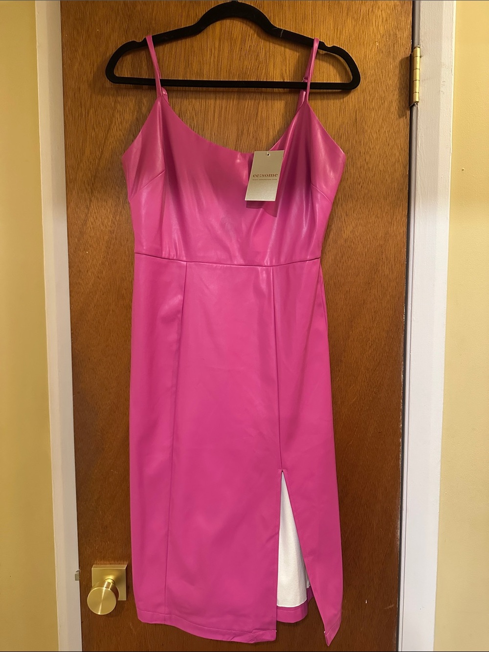 eesome Bright Pink Faux Leather Midi Slip Dress with Side Slit